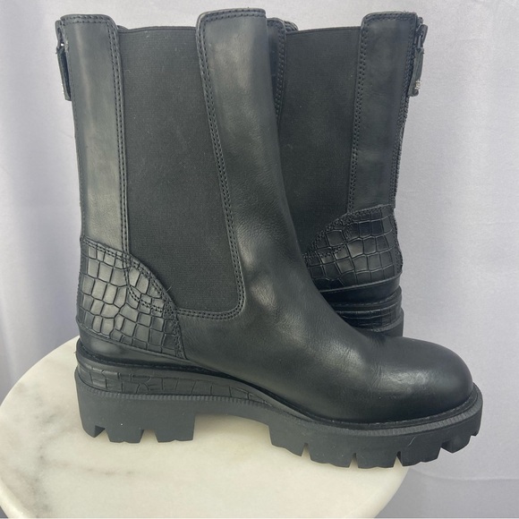 Sam Edelman Genia Smooth and Croc Effect Black Leather Chunky Heel Boot Size 7.5 - Picture 11 of 12